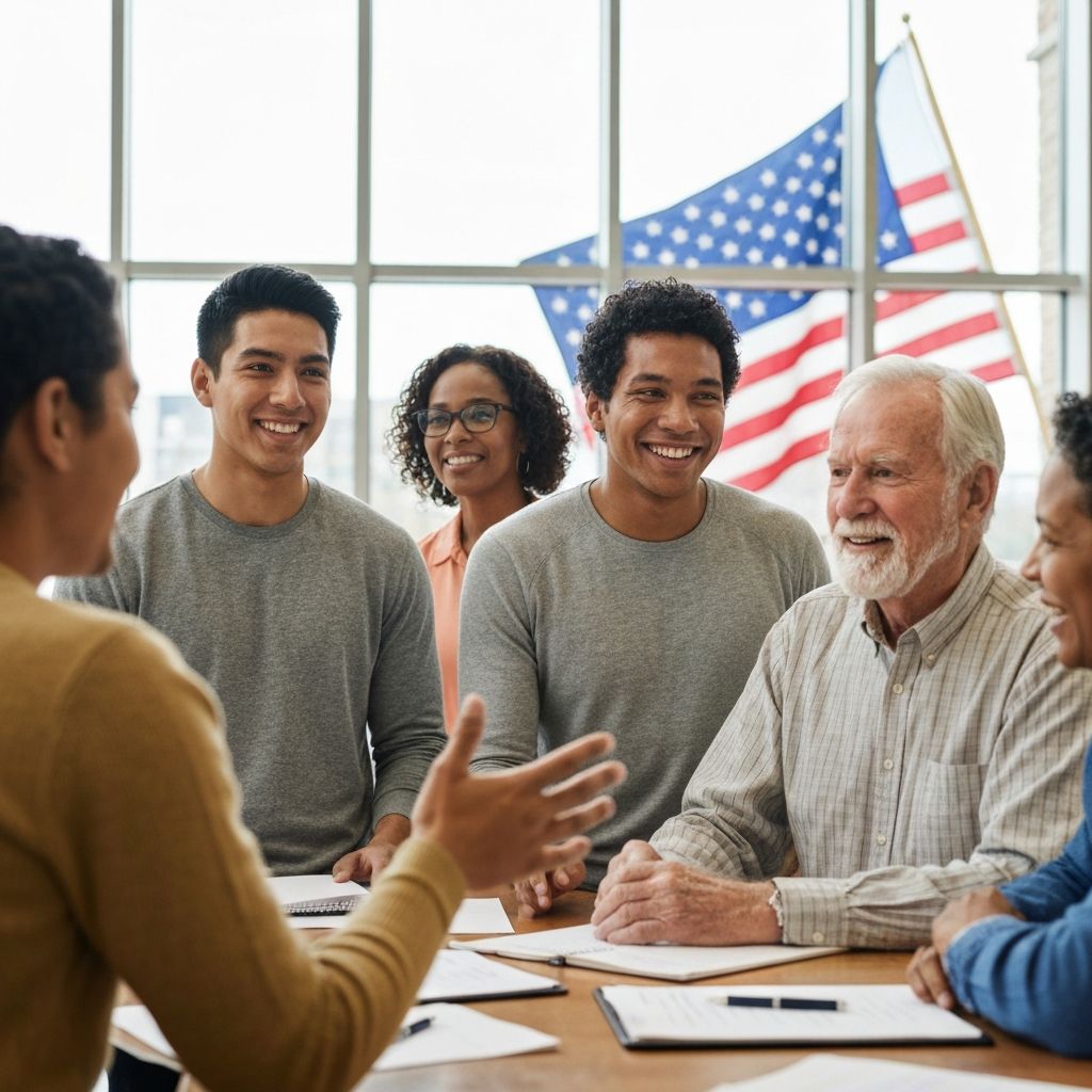 Diverse American community members collaborating at a civic town hall