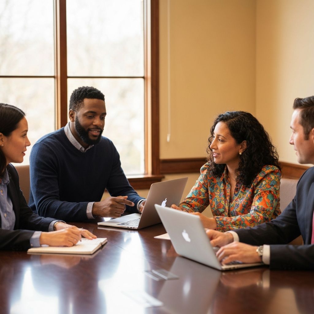 Diverse group of professionals collaborating on policy solutions at a community meeting